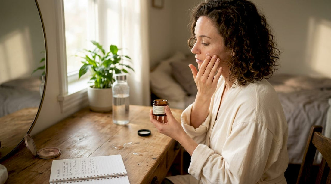Woman using clean beauty at home vanity