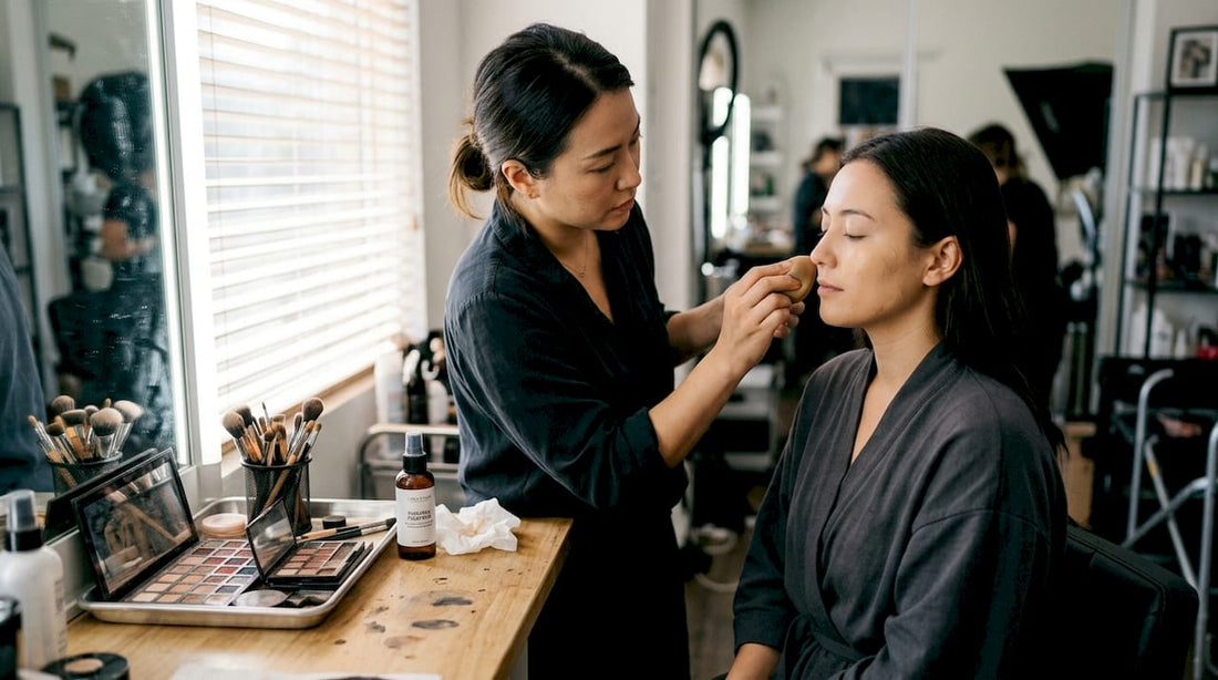 Makeup artist blending foundation in studio