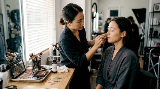 Makeup artist blending foundation in studio